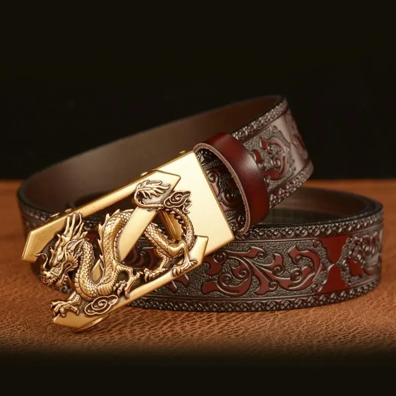 652F Men's Retro Dragon Series Buckle Belt with Quick Ratche Buckle Leather Adjustable for Business and Casual Outfit