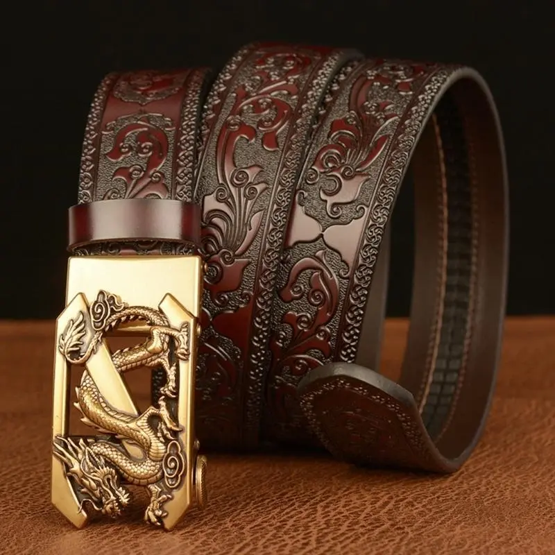 652F Men's Retro Dragon Series Buckle Belt with Quick Ratche Buckle Leather Adjustable for Business and Casual Outfit