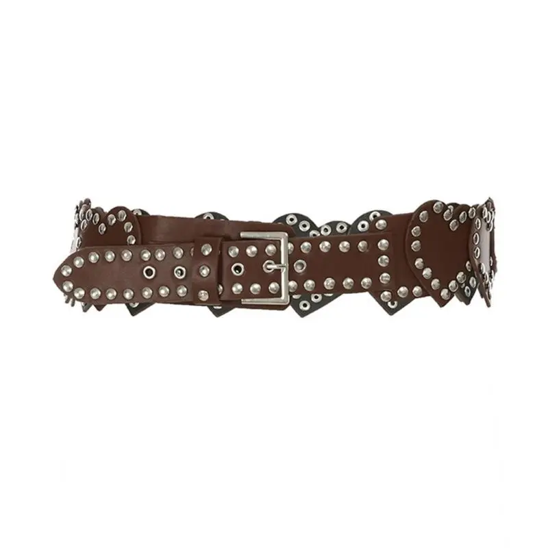 652F Stylish Heart Designing PU Leather Belt Waist Chain with Rivet Decor For Everyday Commutes Casual Gatherings Date