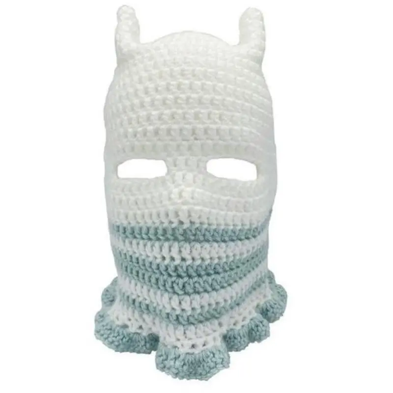 652F Devil Horn Halloween Knitted Hat Warm Full Face Cover Ski Mask Hat Windproof Balaclava Hat for Men Womens