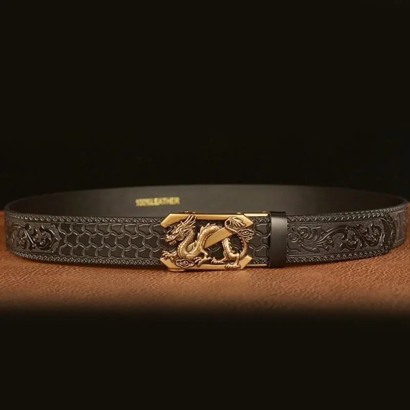 652F Men's Retro Dragon Series Buckle Belt with Quick Ratche Buckle Leather Adjustable for Business and Casual Outfit