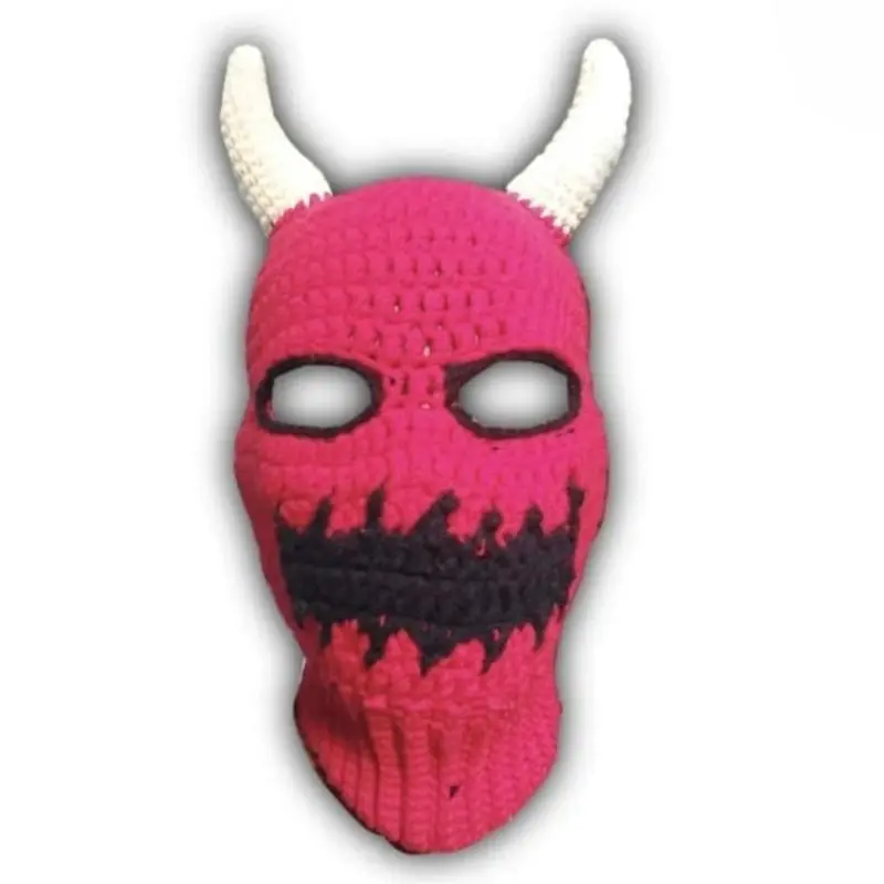 652F Devil Horn Halloween Knitted Hat Warm Full Face Cover Ski Mask Hat Windproof Balaclava Hat for Men Womens