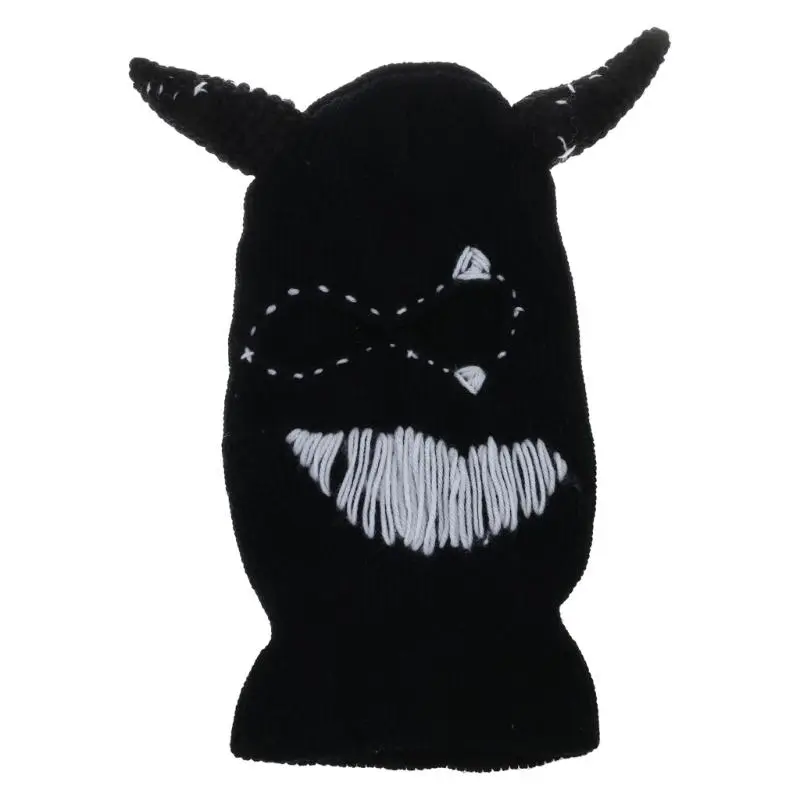 652F Devil Horn Halloween Knitted Hat Warm Full Face Cover Ski Mask Hat Windproof Balaclava Hat for Men Womens