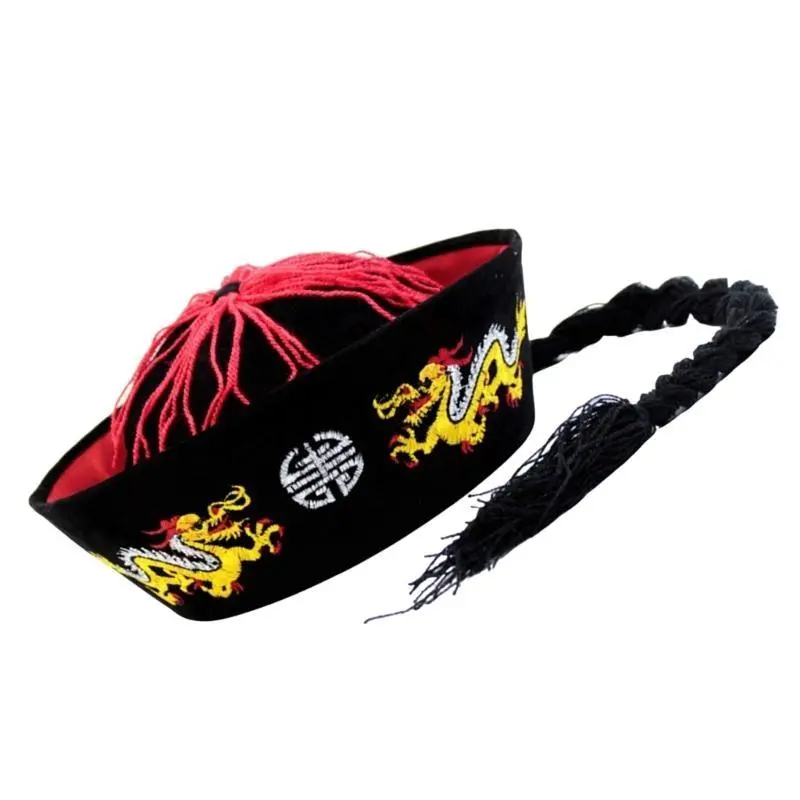 39BB Dragon Embroidered Halloween Cosplay Hat Ancient Chinese Eunuch Hat with Pigtail
