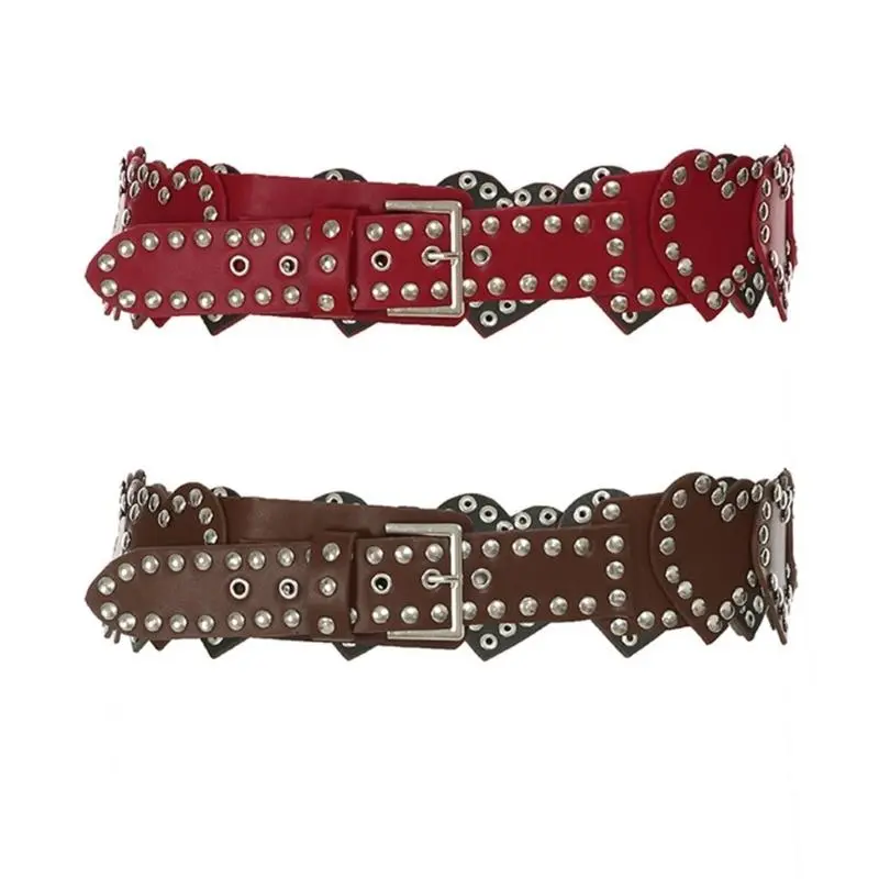 652F Stylish Heart Designing PU Leather Belt Waist Chain with Rivet Decor For Everyday Commutes Casual Gatherings Date