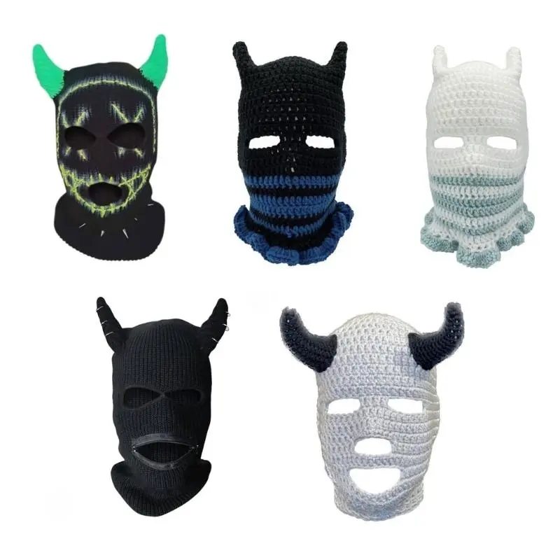 652F Devil Horn Halloween Knitted Hat Warm Full Face Cover Ski Mask Hat Windproof Balaclava Hat for Men Womens