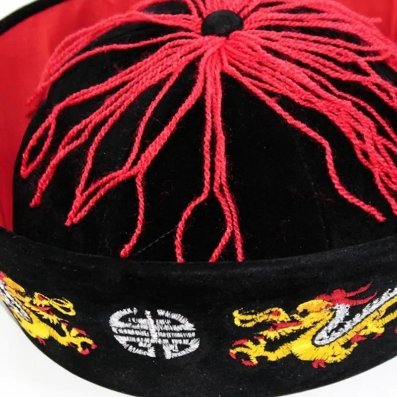 39BB Dragon Embroidered Halloween Cosplay Hat Ancient Chinese Eunuch Hat with Pigtail