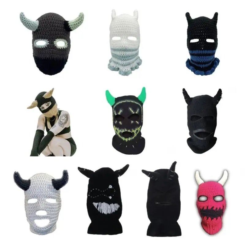 652F Devil Horn Halloween Knitted Hat Warm Full Face Cover Ski Mask Hat Windproof Balaclava Hat for Men Womens