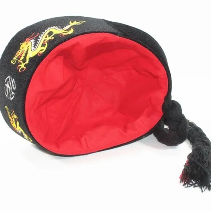 39BB Dragon Embroidered Halloween Cosplay Hat Ancient Chinese Eunuch Hat with Pigtail