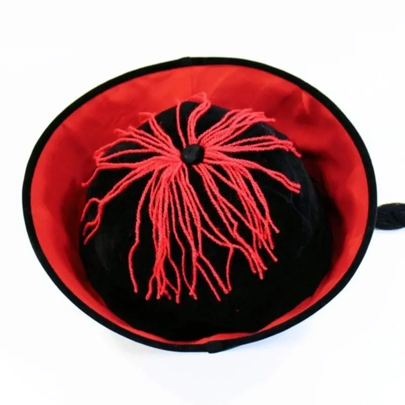 39BB Dragon Embroidered Halloween Cosplay Hat Ancient Chinese Eunuch Hat with Pigtail