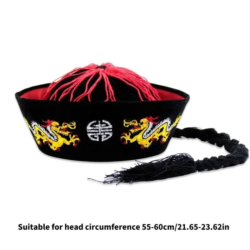 39BB Dragon Embroidered Halloween Cosplay Hat Ancient Chinese Eunuch Hat with Pigtail