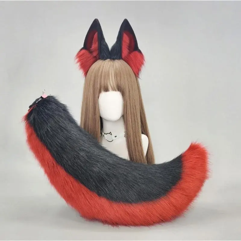 652F 2Pcs Animal Cosplay Costume Fauxs Furs Wolf Cats Foxes Tail and Cats Ears Headbands Halloween Party Costume Accessories