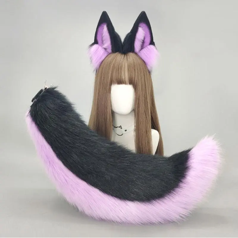652F 2Pcs Animal Cosplay Costume Fauxs Furs Wolf Cats Foxes Tail and Cats Ears Headbands Halloween Party Costume Accessories