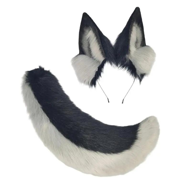 652F 2Pcs Animal Cosplay Costume Fauxs Furs Wolf Cats Foxes Tail and Cats Ears Headbands Halloween Party Costume Accessories