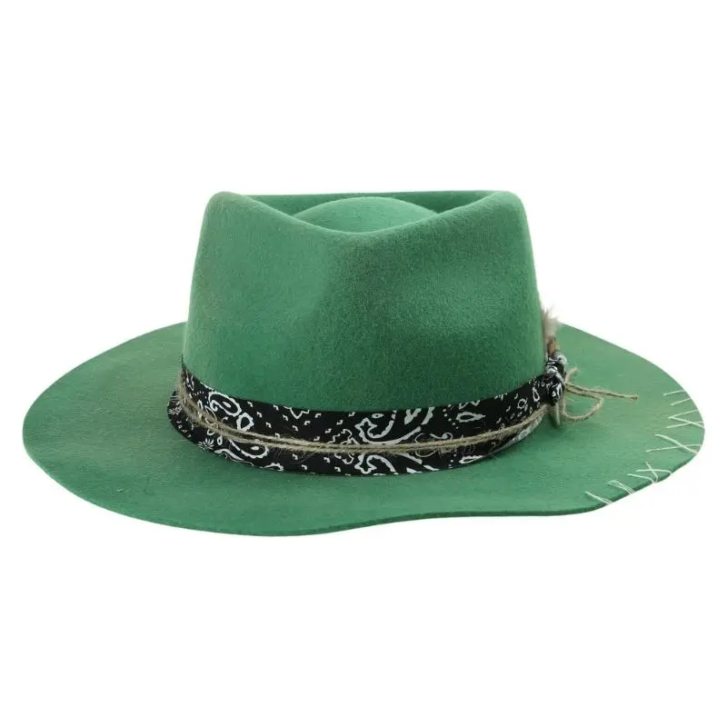 652F Wool Homburg Fedoras Hat Exotic Belt Distressed Victorian Age Wool Top Hat Classical Porkpie Hat for Boy Men Adults Wool