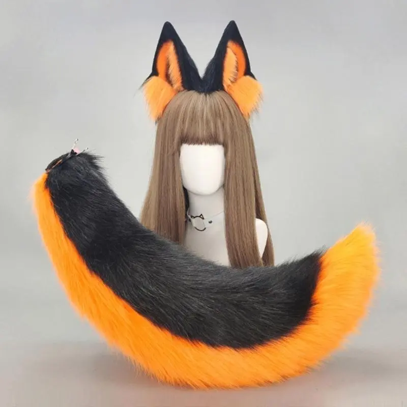 652F 2Pcs Animal Cosplay Costume Fauxs Furs Wolf Cats Foxes Tail and Cats Ears Headbands Halloween Party Costume Accessories