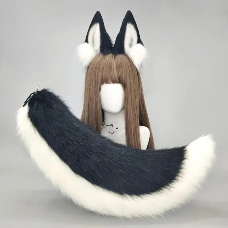 652F 2Pcs Animal Cosplay Costume Fauxs Furs Wolf Cats Foxes Tail and Cats Ears Headbands Halloween Party Costume Accessories