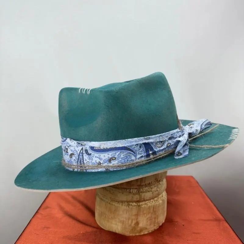 652F Wool Homburg Fedoras Hat Exotic Belt Distressed Victorian Age Wool Top Hat Classical Porkpie Hat for Boy Men Adults Wool