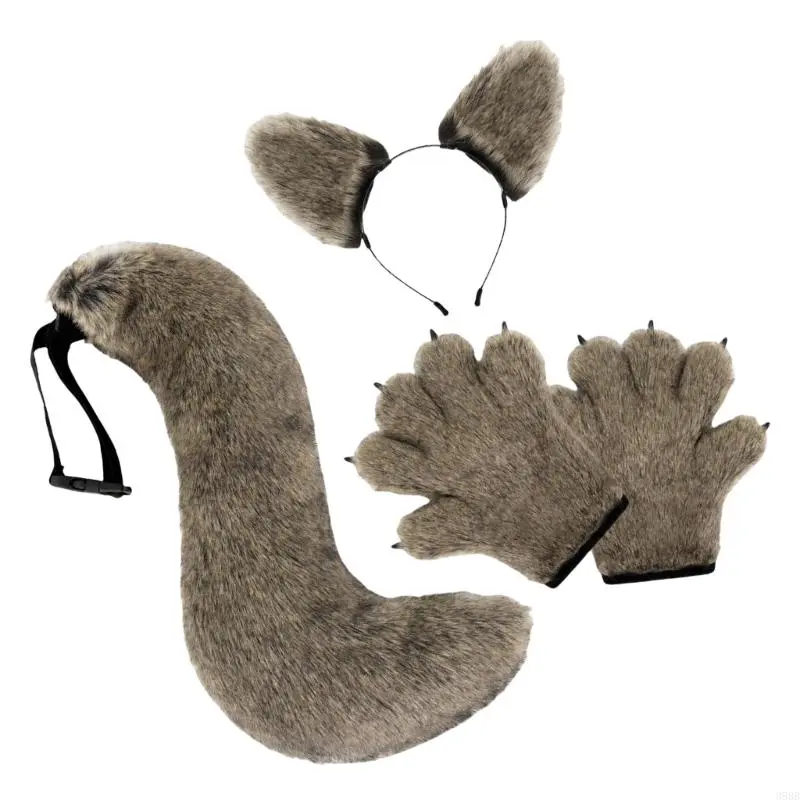 652F Wolf Costume Set Wolf Ear Headbands with Faux Furs Tail Paws Gloves Animal Cosplay Costume for Halloween Christmas Party