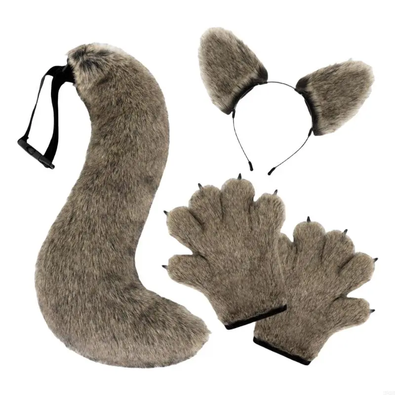 652F Wolf Costume Set Wolf Ear Headbands with Faux Furs Tail Paws Gloves Animal Cosplay Costume for Halloween Christmas Party