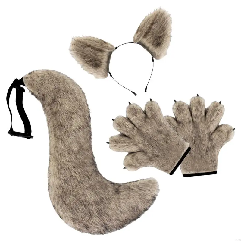 652F Wolf Costume Set Wolf Ear Headbands with Faux Furs Tail Paws Gloves Animal Cosplay Costume for Halloween Christmas Party