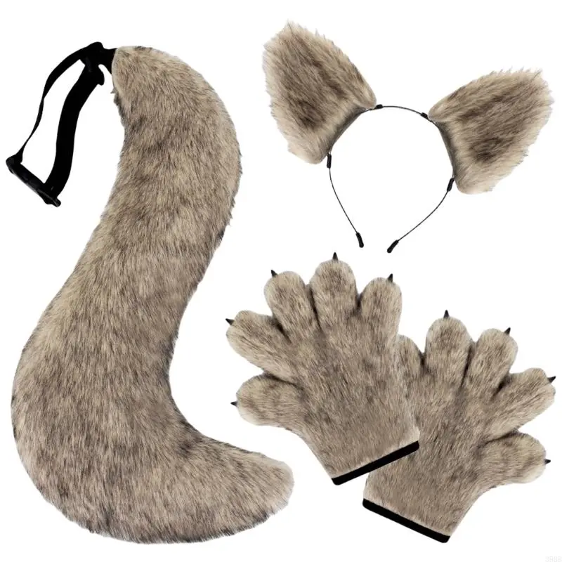 652F Wolf Costume Set Wolf Ear Headbands with Faux Furs Tail Paws Gloves Animal Cosplay Costume for Halloween Christmas Party