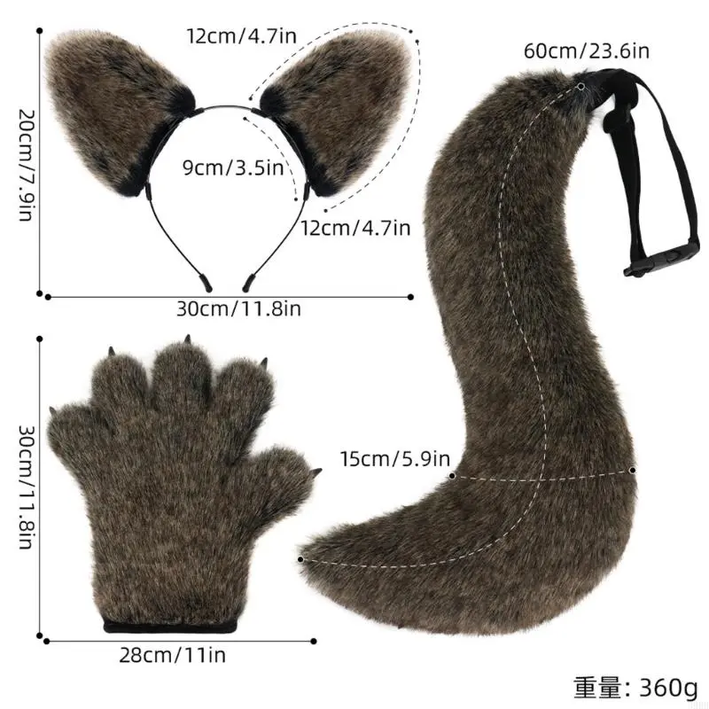 652F Wolf Costume Set Wolf Ear Headbands with Faux Furs Tail Paws Gloves Animal Cosplay Costume for Halloween Christmas Party