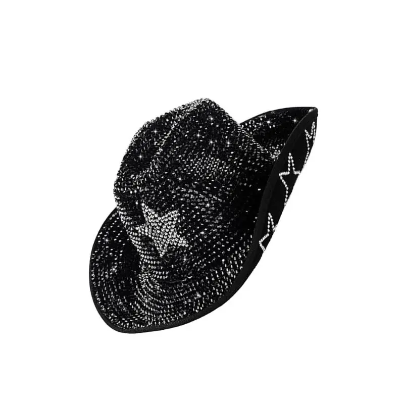 652F Glittering Rhinestones Fedoras Hat for Adult Shimmering Star Pattern Top Caps Party Costume Headwear for Various Occasion