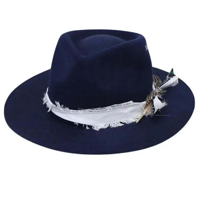 652F Unisex Wool Western Hat Fashionable Jazzy Hat Wide Brims Feathered Fedoras Hat for Outdoor Adventures and Music Festival