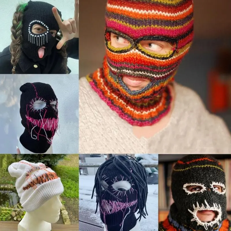 652F Balaclava Distressed Halloween Balaclava Funny Balaclava Face Mask Scary Balaclava Hooded Party Hat Knitted Hat