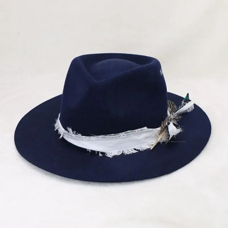652F Unisex Wool Western Hat Fashionable Jazzy Hat Wide Brims Feathered Fedoras Hat for Outdoor Adventures and Music Festival