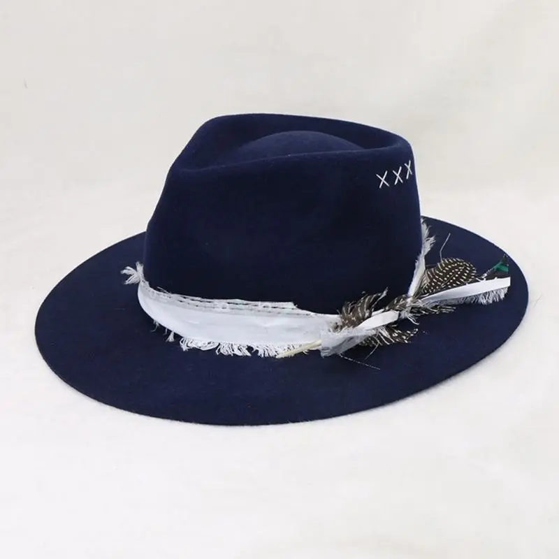 652F Unisex Wool Western Hat Fashionable Jazzy Hat Wide Brims Feathered Fedoras Hat for Outdoor Adventures and Music Festival