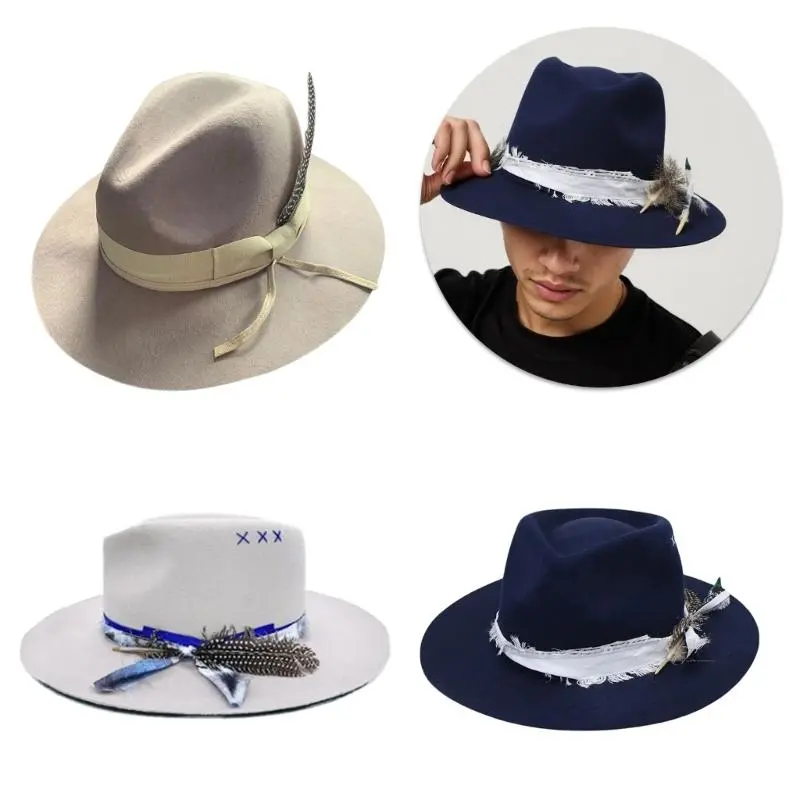 652F Unisex Wool Western Hat Fashionable Jazzy Hat Wide Brims Feathered Fedoras Hat for Outdoor Adventures and Music Festival