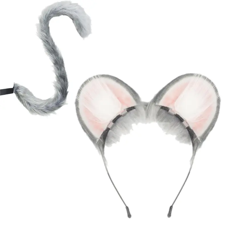 652F 2Pcs Mouse Cats Wolf Foxes Tail Ears Headband Set Halloween Christmas Fancy-Party Costume Toy for Woman Men Cosplay