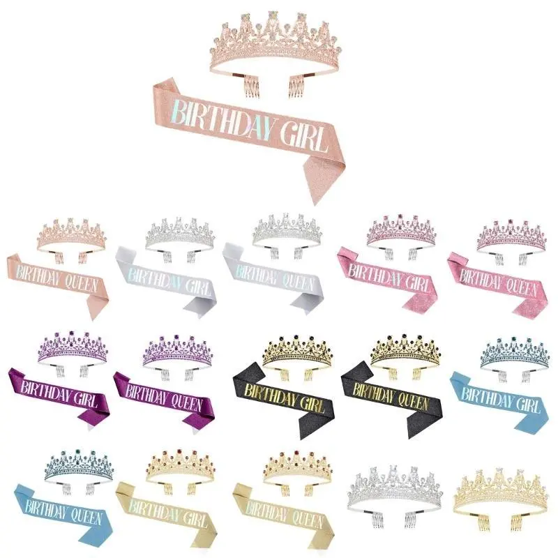 39BB Birthday Girl Satin Sash Lovely Makeup Headdress Crown + Sash