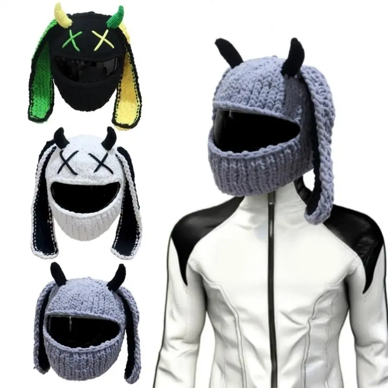 652F Hilarious Rabbits Ear Plush Motorcycle Helmets Cover Full Face Protective Cover for Motorcycling Knitted Helmets Headcover