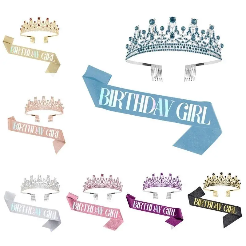 39BB Birthday Girl Satin Sash Lovely Makeup Headdress Crown + Sash