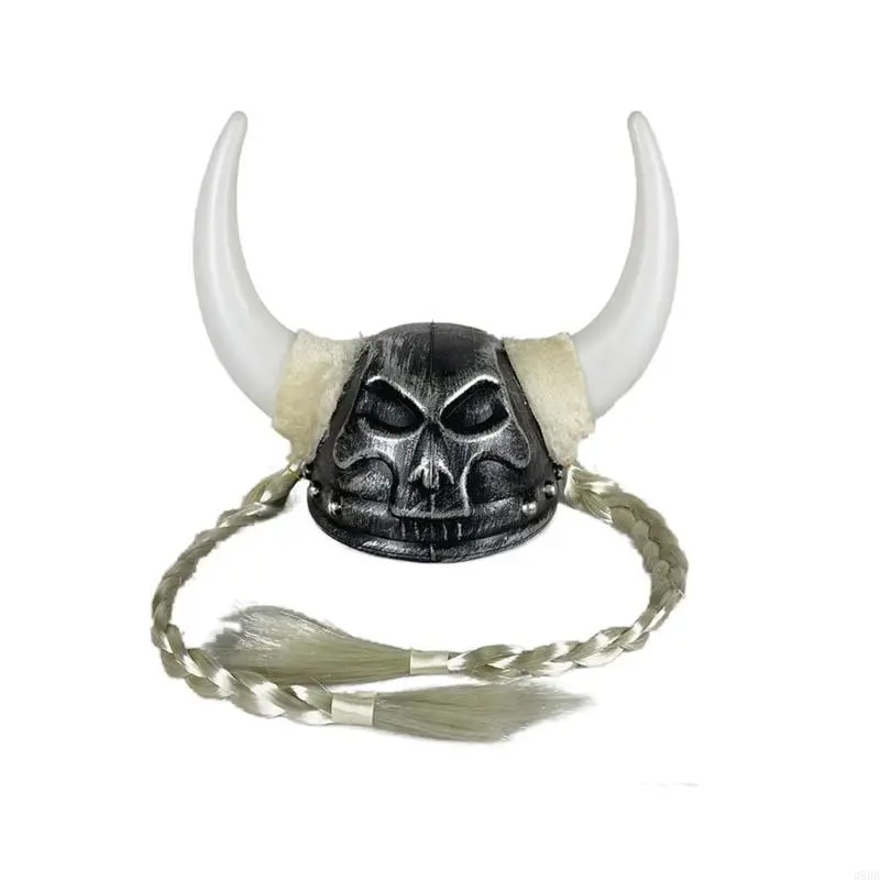 652F Pirate Horned Hat With Braids Bronze Horned Roman Helmets Hat For Halloween Parties And Role Playing Enthusiasts