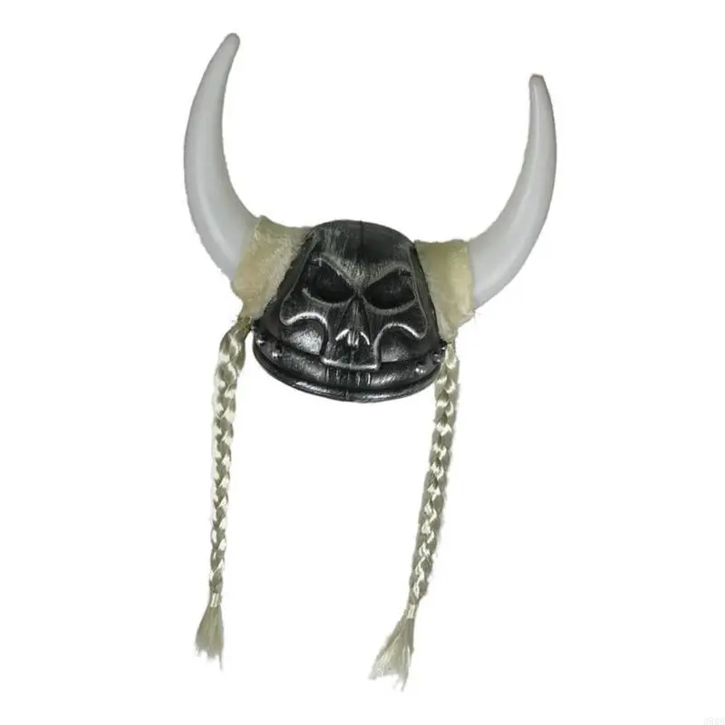 652F Pirate Horned Hat With Braids Bronze Horned Roman Helmets Hat For Halloween Parties And Role Playing Enthusiasts
