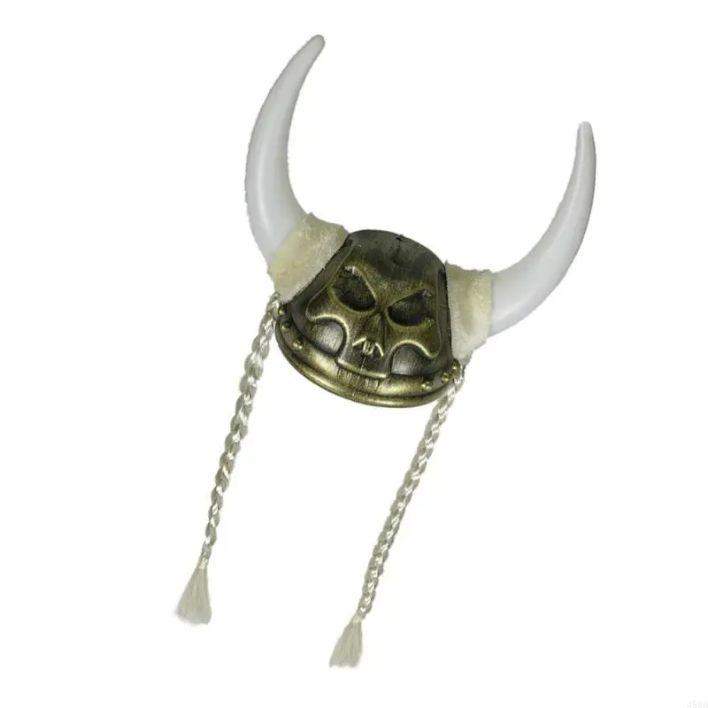 652F Pirate Horned Hat With Braids Bronze Horned Roman Helmets Hat For Halloween Parties And Role Playing Enthusiasts
