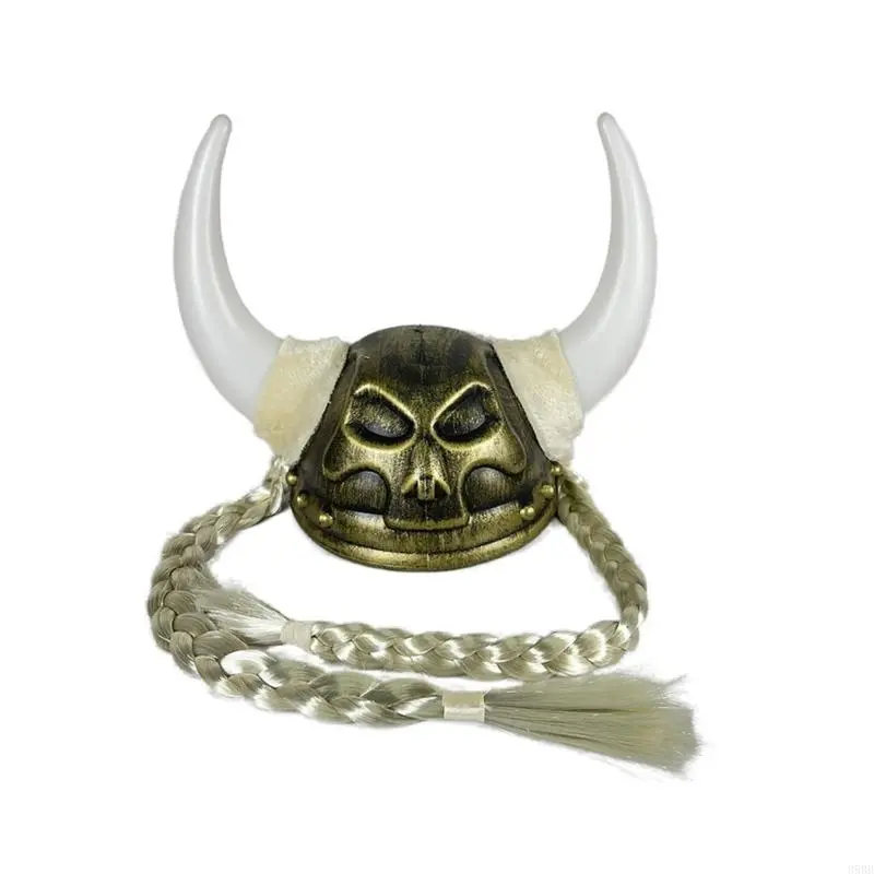 652F Pirate Horned Hat With Braids Bronze Horned Roman Helmets Hat For Halloween Parties And Role Playing Enthusiasts