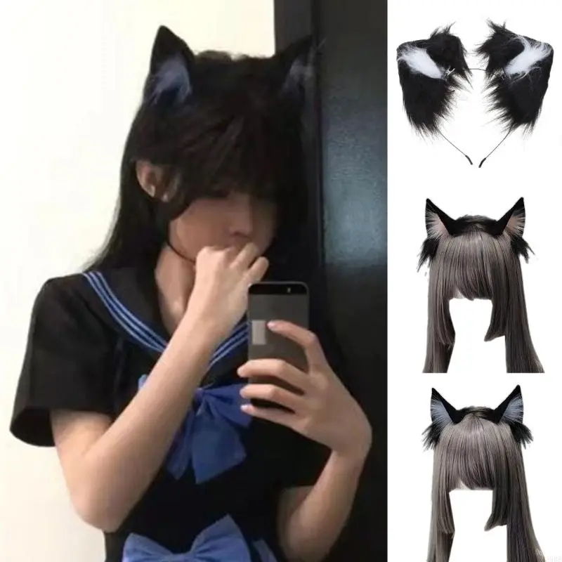 652F Faux Furs  Ear Headband Plush Hair Hoop Costume Photo Props for Cosplay Halloween Party and Anime Masquerades