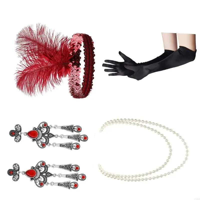 652F 1920s Great Gatsby Accessories Set,Flapper Costume Accessories Roaring 20s Accessories for Women Flapper Headpiece Glove