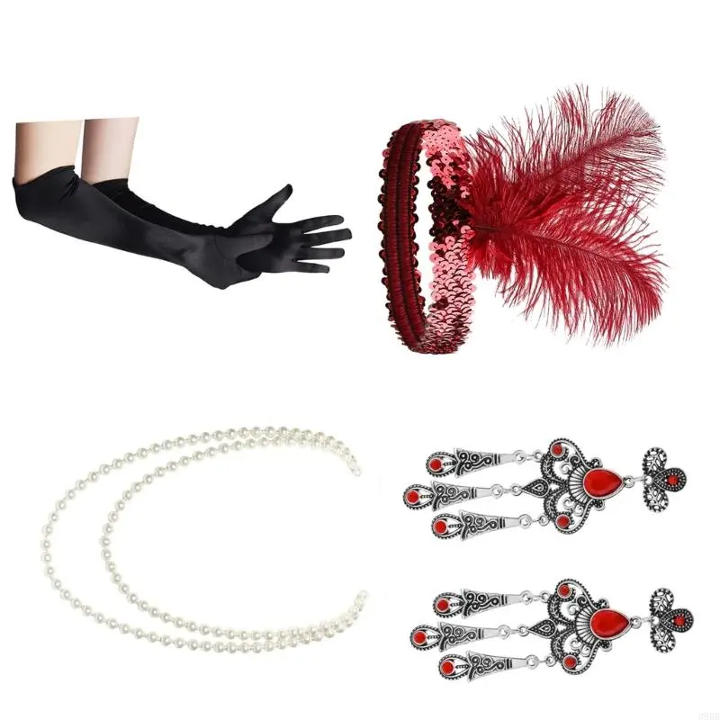 652F 1920s Great Gatsby Accessories Set,Flapper Costume Accessories Roaring 20s Accessories for Women Flapper Headpiece Glove