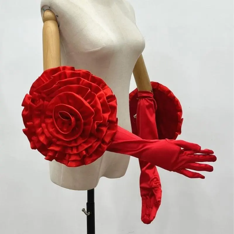 652F Evening Party Gloves for Women Long Satined Gloves with Large Flower Stage Accessories Elbow Length Dancing Wedding Gloves