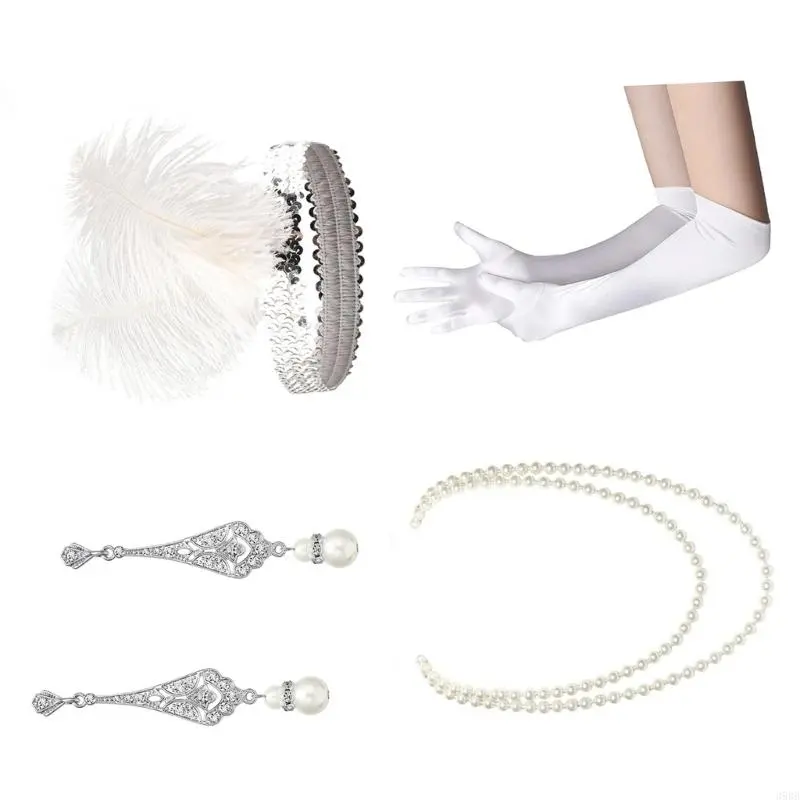 652F 1920s Great Gatsby Accessories Set,Flapper Costume Accessories Roaring 20s Accessories for Women Flapper Headpiece Glove