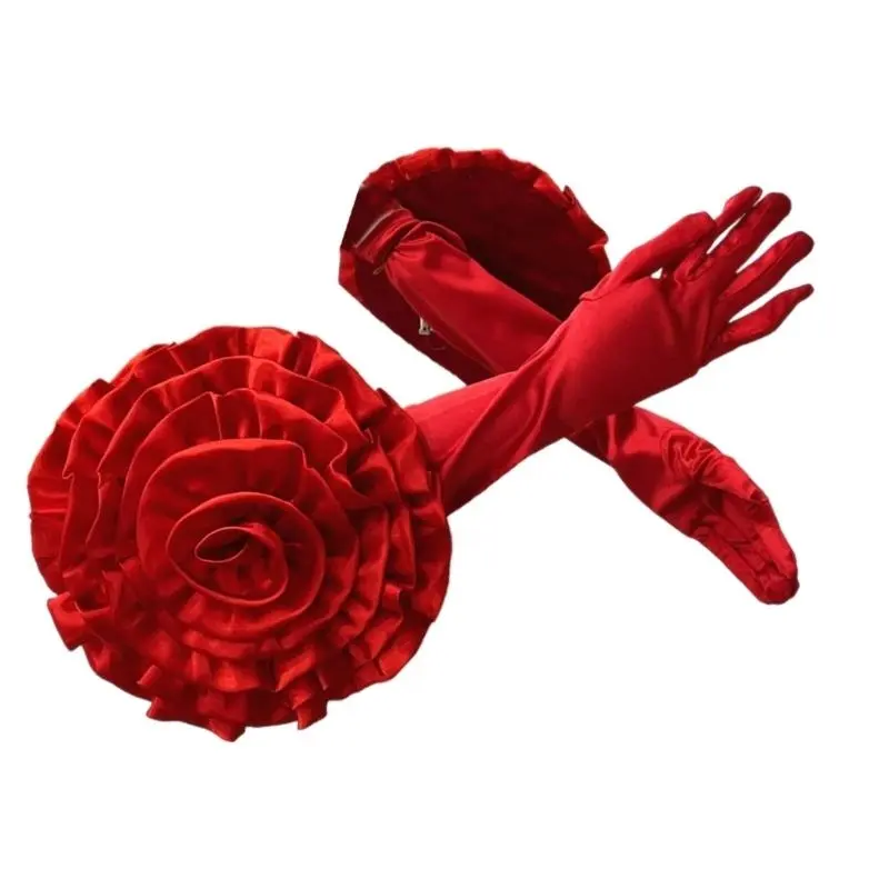 652F Evening Party Gloves for Women Long Satined Gloves with Large Flower Stage Accessories Elbow Length Dancing Wedding Gloves