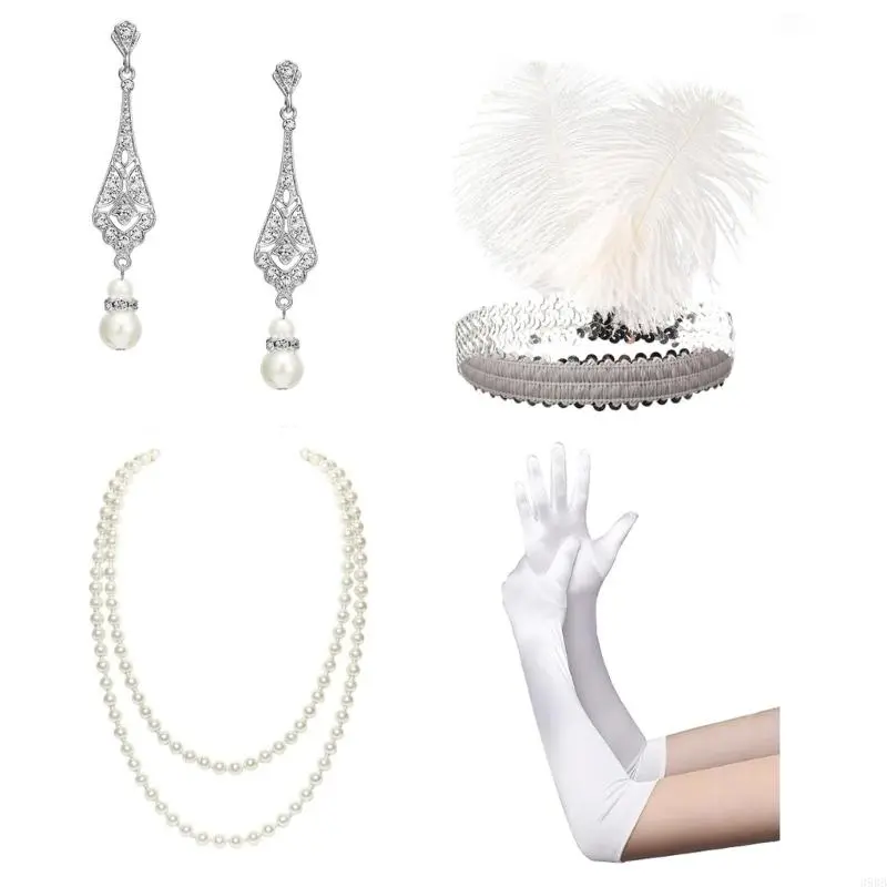 652F 1920s Great Gatsby Accessories Set,Flapper Costume Accessories Roaring 20s Accessories for Women Flapper Headpiece Glove