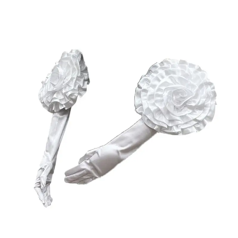 652F Evening Party Gloves for Women Long Satined Gloves with Large Flower Stage Accessories Elbow Length Dancing Wedding Gloves