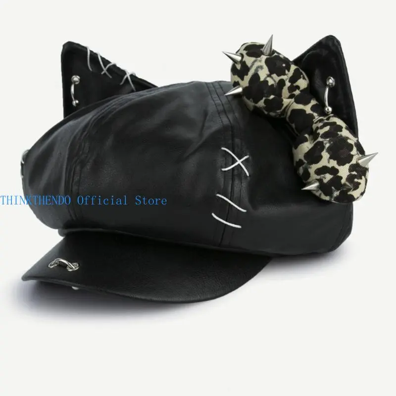 652F Rivet Studded Hat for Lady Girl Fashion 2000s Octagonal Hat Driver Hat Girl Skull Caps All Matching Rocker Hat